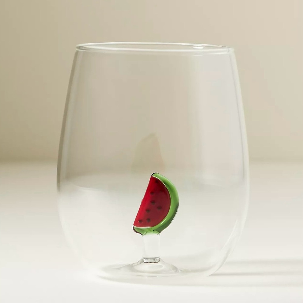 Anthropologie Cheerie Icon Stemless Wine Glass with Watermelon Accent